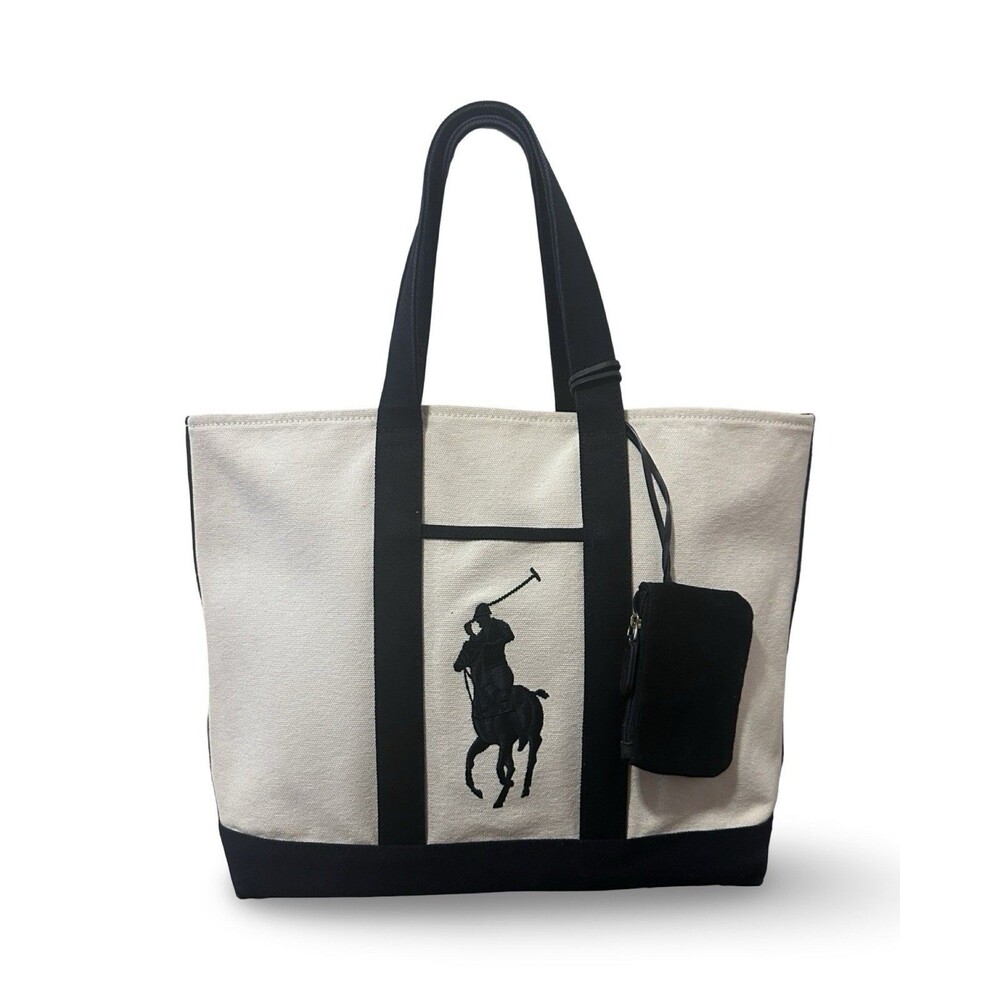 Ralph Lauren 100% Cotton Cream/Navy Shopper Cloth Handbag & Pouch
